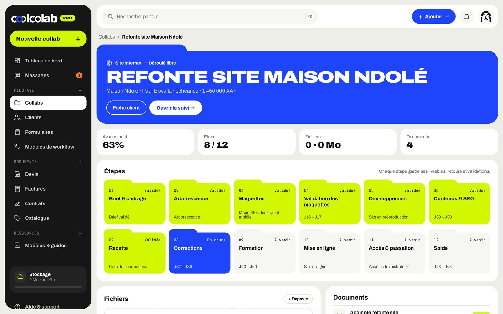 Dossier d'une collab avec ses étapes et documents