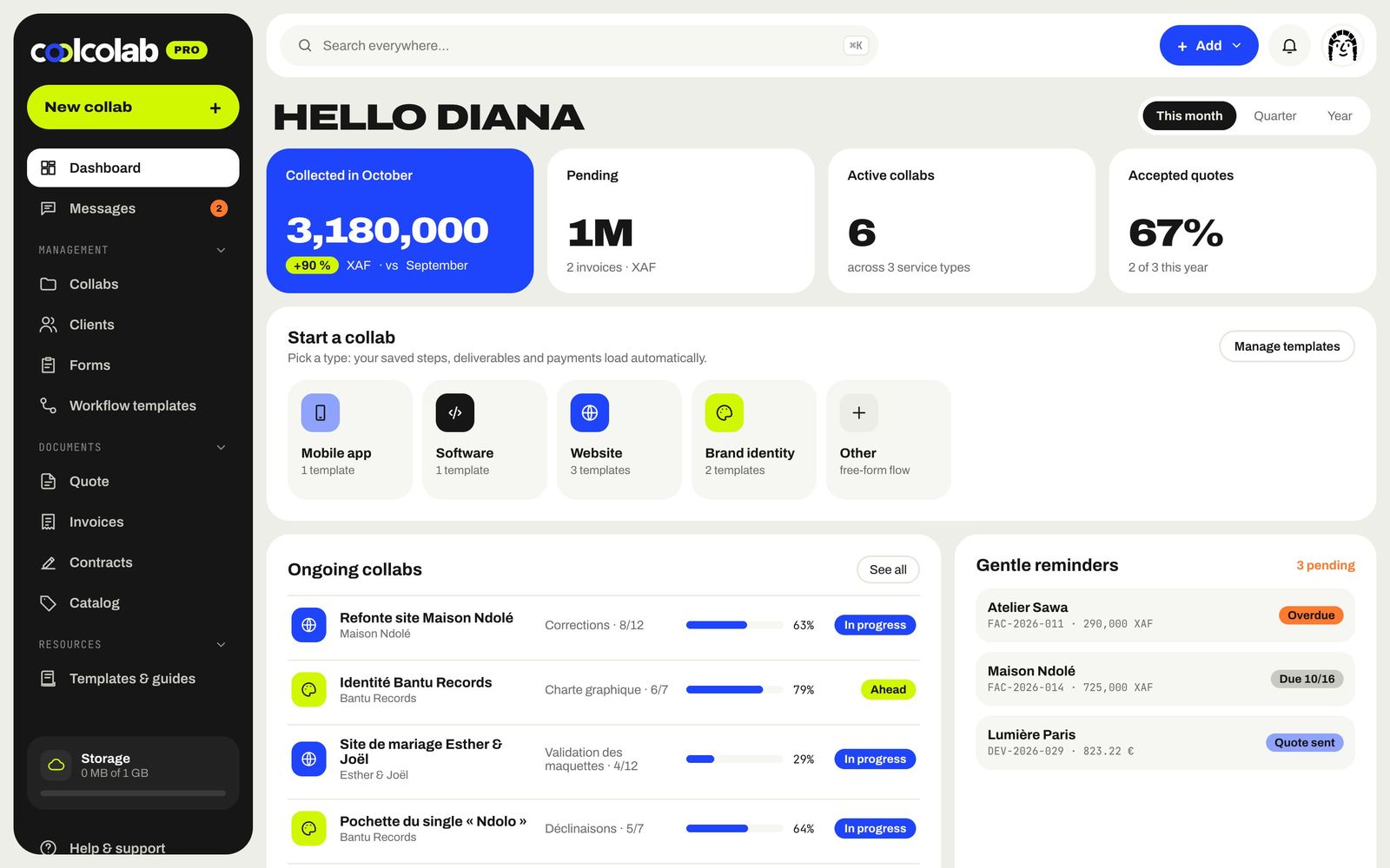 Coolcolab dashboard: payments, active collabs, gentle reminders