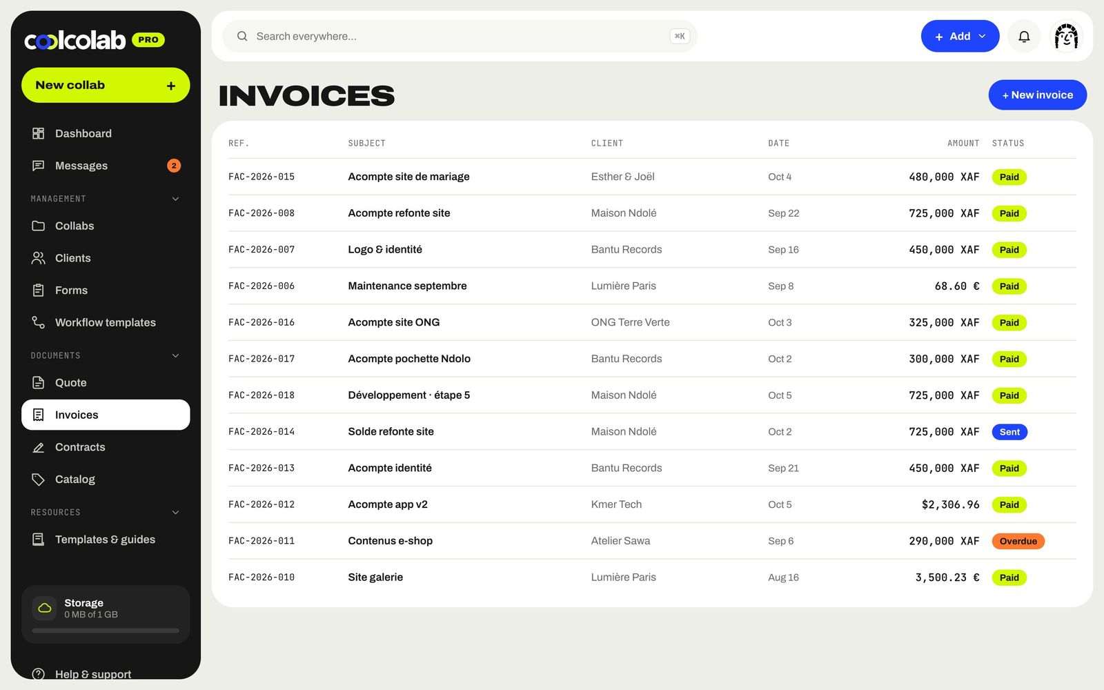 List of invoices with statuses