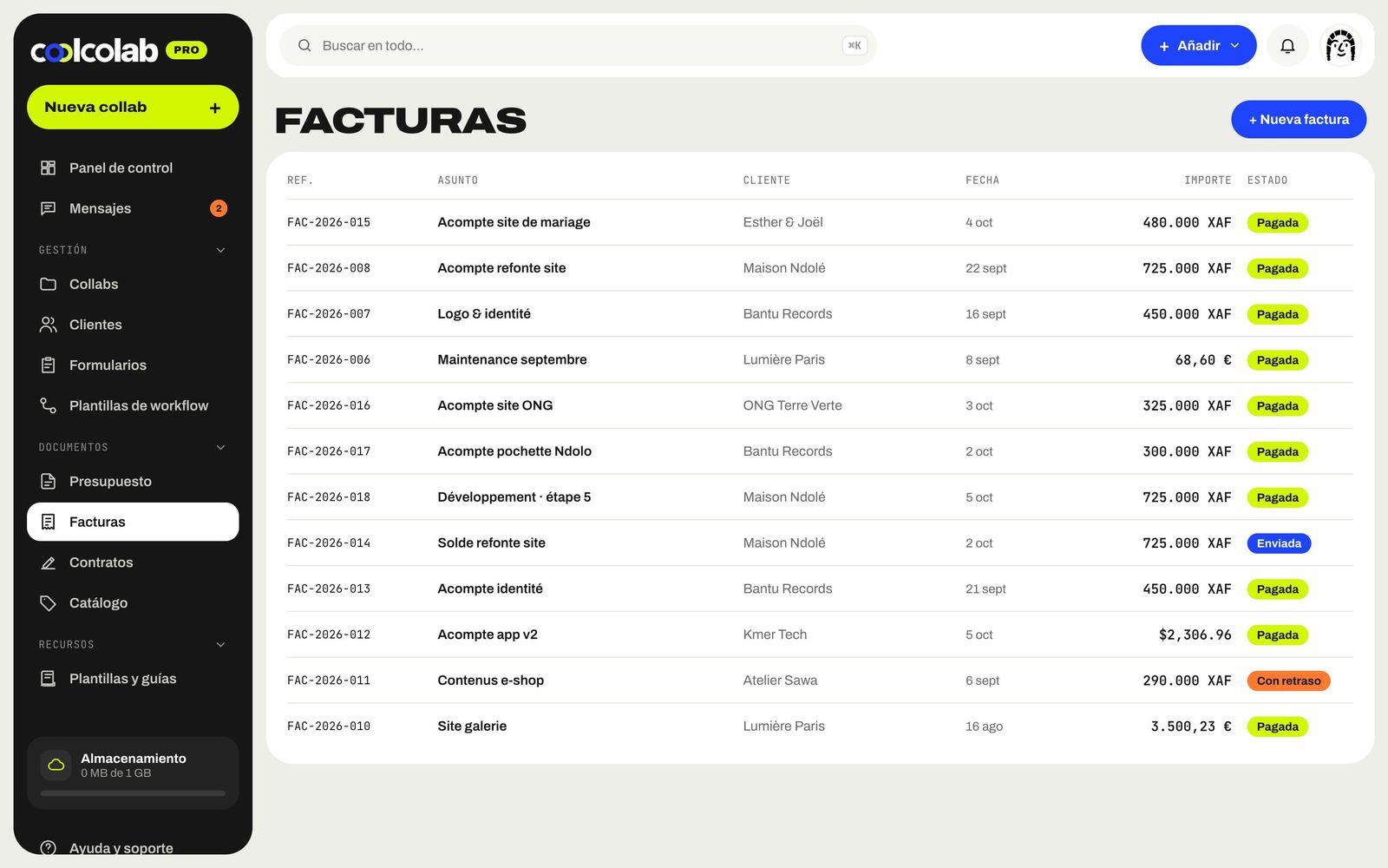 Lista de facturas con sus estados