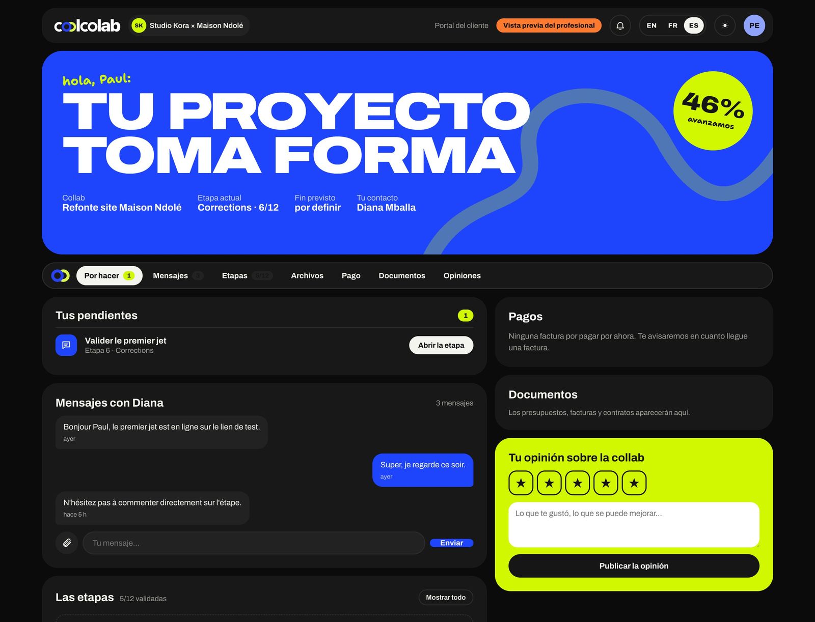 Portal del cliente en modo noche